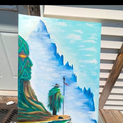 Ascent — original painting of a stone guardian and traveler before blue mountains