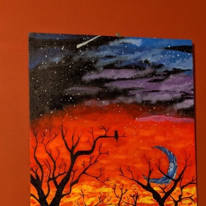 Painting of silhouetted bare trees against a fiery orange and blue dusk sky with a crescent moon