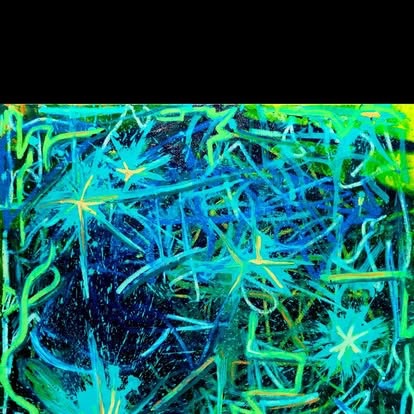 Abstract painting of glowing green and blue starbursts on a dark ground