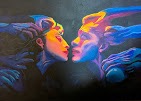 Painting of two faces in profile nearly touching, lit in neon blue, pink and orange