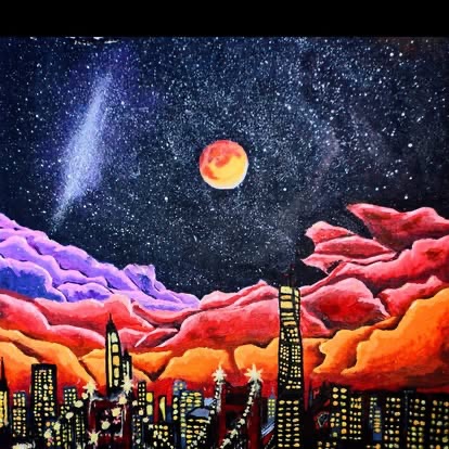 Crimson Skyline — original cosmic cityscape beneath red and violet clouds