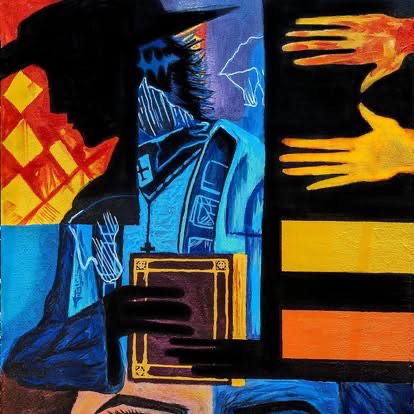 Cubist painting of a blue figure with a book and outstretched fiery hands