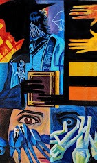 Cubist painting of a blue figure holding a book with reaching hands and geometric blocks