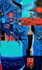 The Waiting — original surreal painting of a figure among ravens