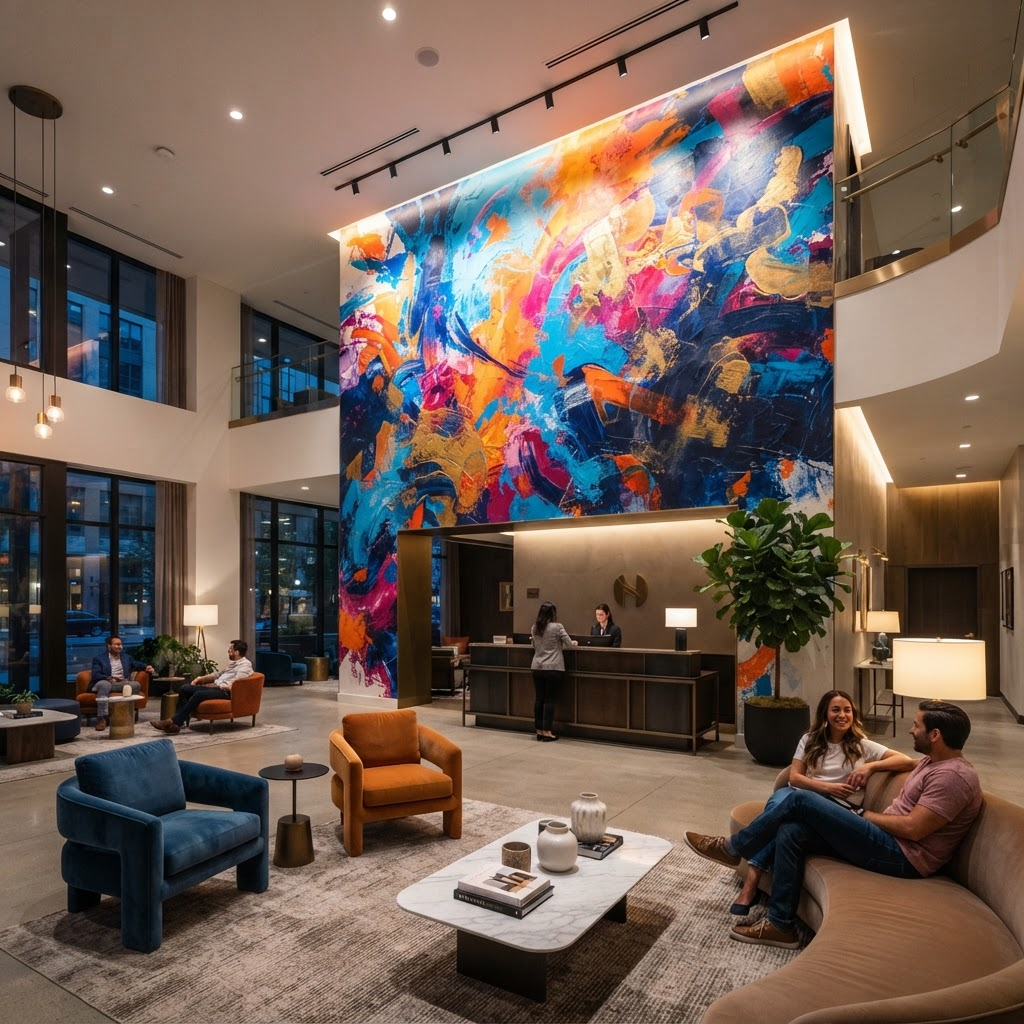 A vivid contemporary mural anchoring an upscale hospitality lobby