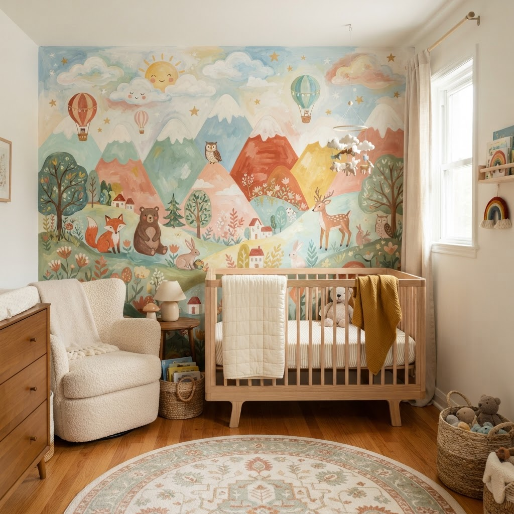 A whimsical hand-painted nursery mural in a bright children's room