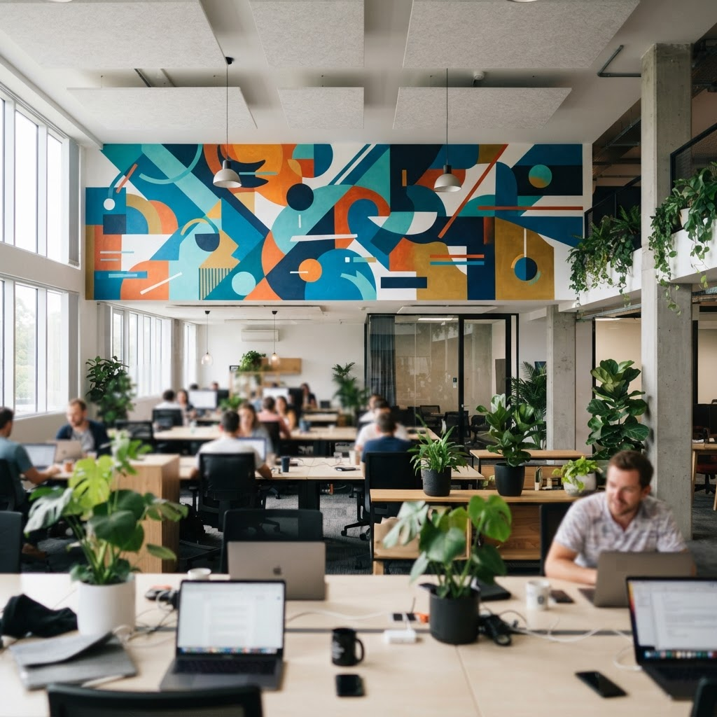 A large colorful mural spanning a wall in a modern open-plan office