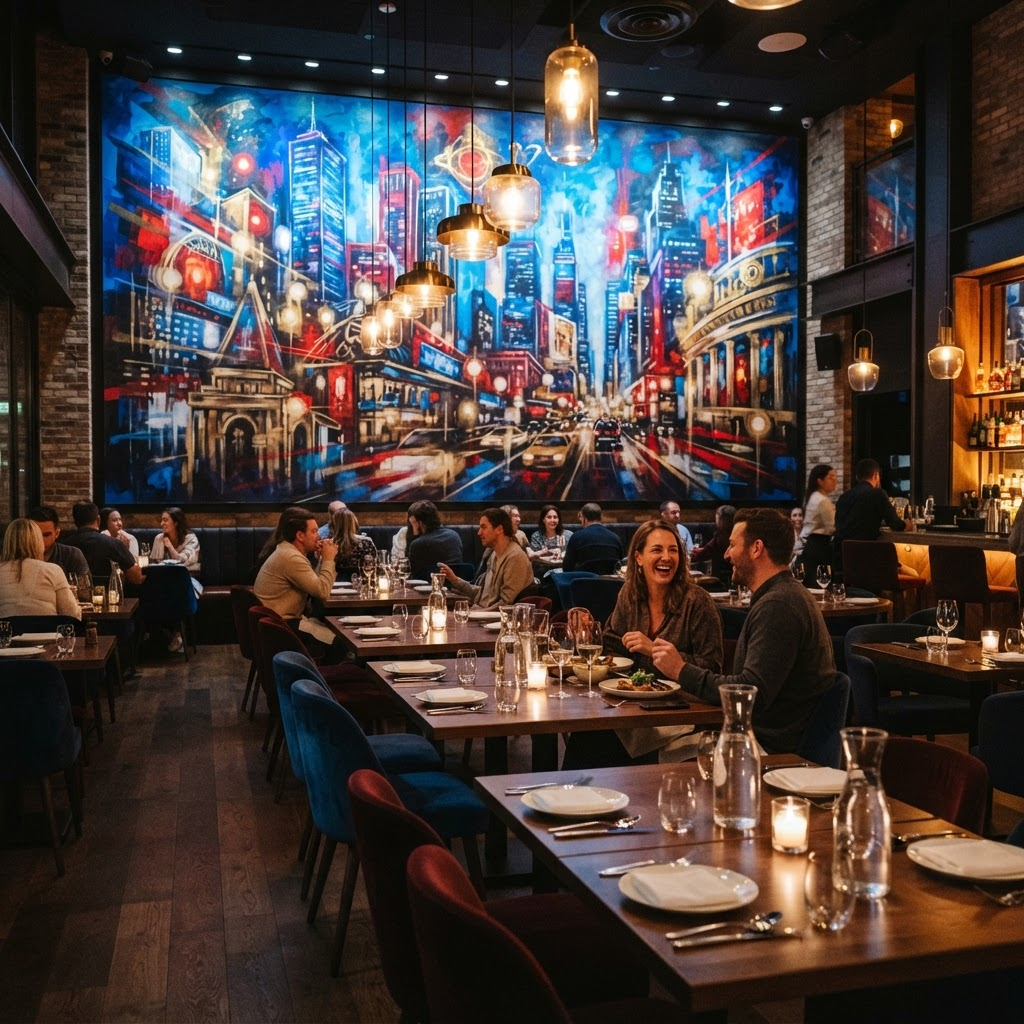 A bold colorful feature-wall mural in a modern restaurant dining room