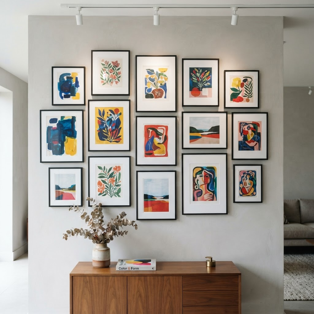 A curated gallery wall of framed fine-art prints