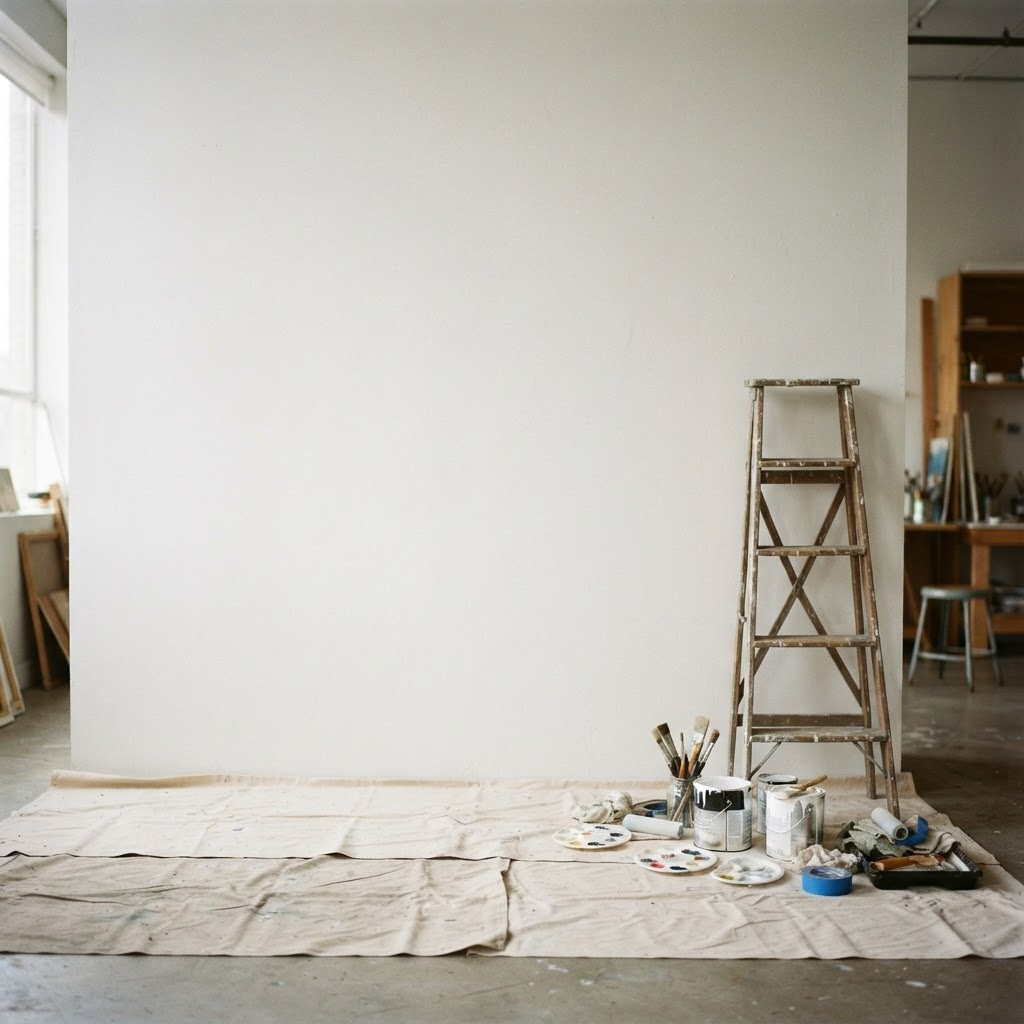 The initial blank lobby wall prepped for painting
